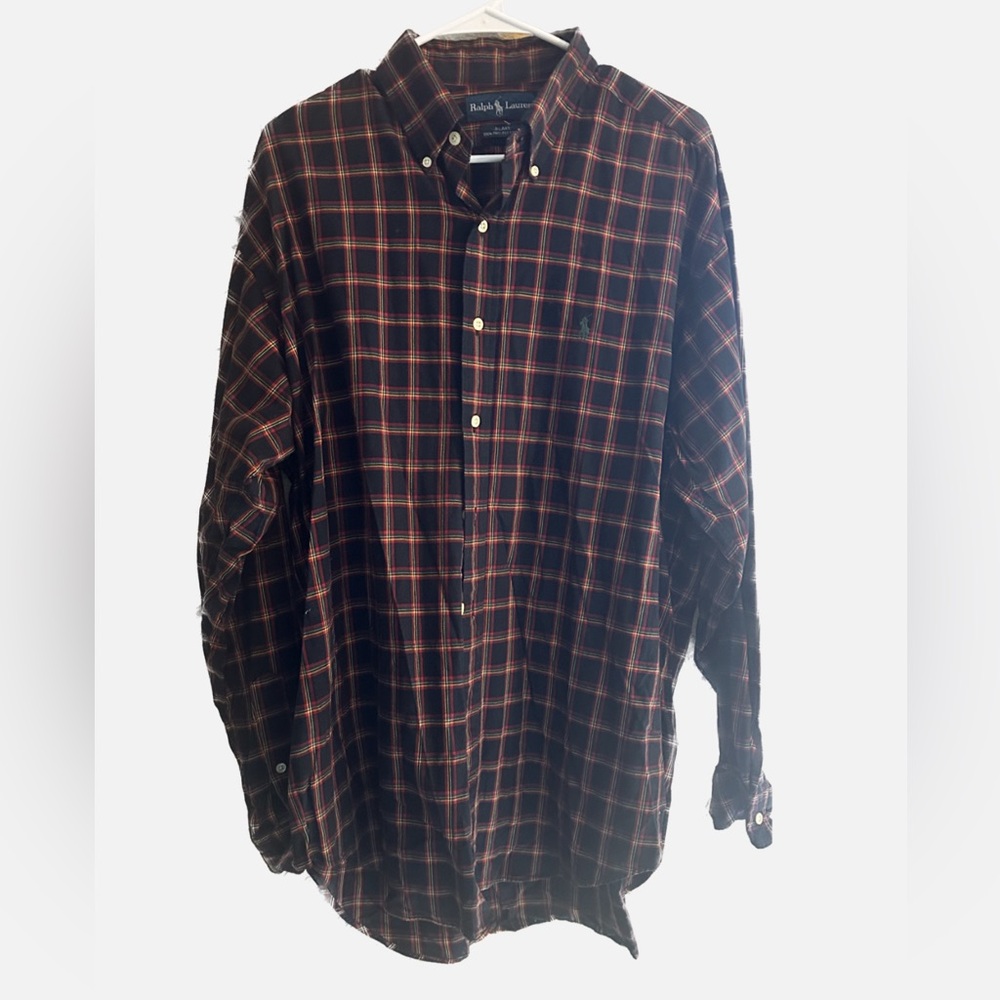 Mens Christmas / Holiday Plaid Long sleeve Polo Button Down Large